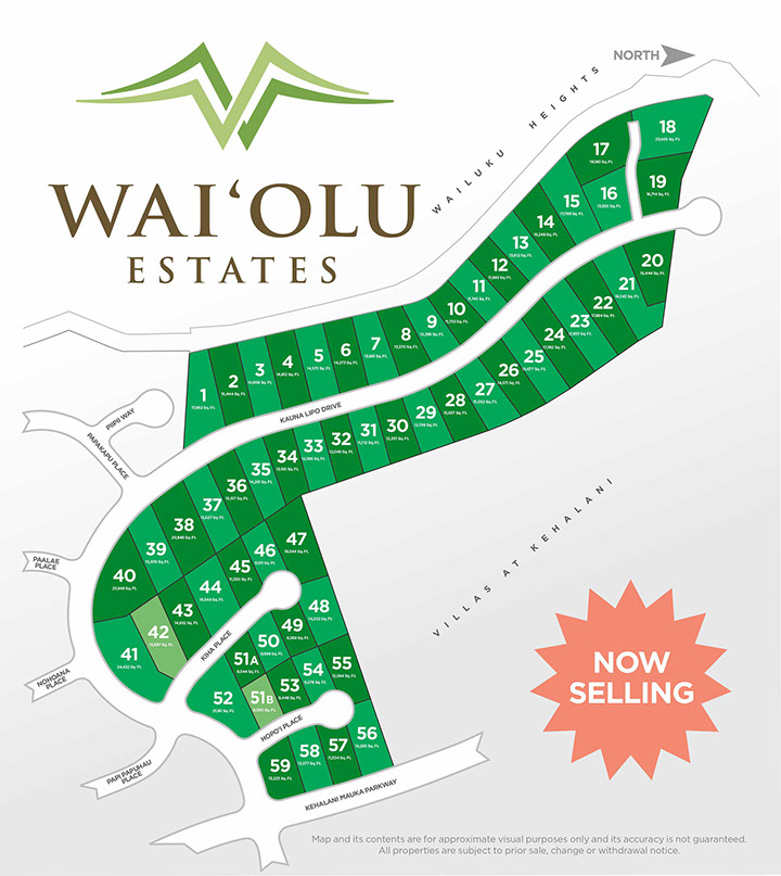 Map of Wai'olu Estates. 60 custom home sites by West Maui Land Company, Inc.